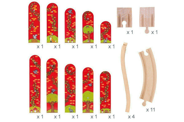 10 Säulen und 17 Schienenstücken